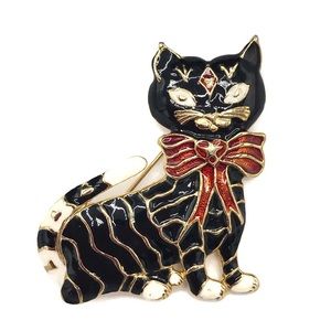Cat Enameled Black Red & Black Gold Tone Brooch Pin Vintage